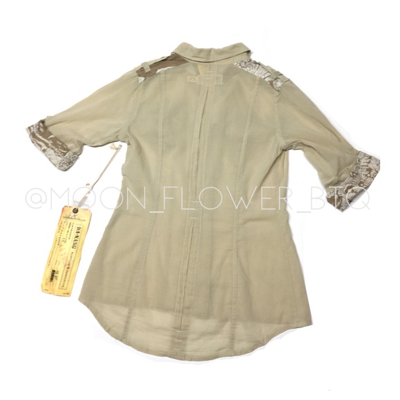 Da-Nang Woven Mastic Button Up Blouse • Tan Floral Trim • Roll Tab Sleeves - Picture 13 of 13